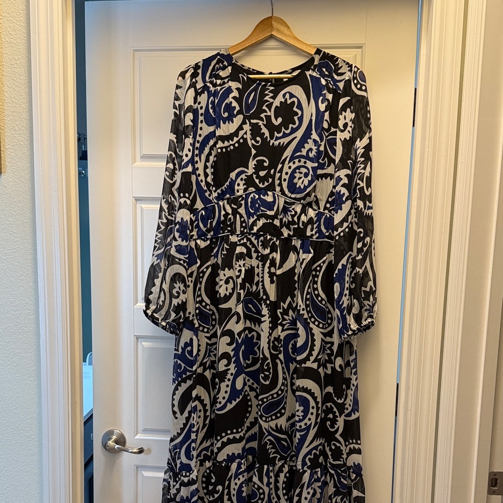 LOFT Blue and Black Paisley Long Sleeve Dress